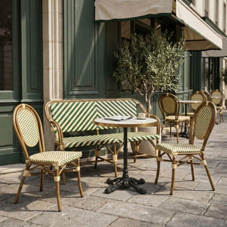 Paris Cafésæt (Cafébænk + 2 Stole) – AFRICA 4 Bordstel & Bordplade i Komprimeret Natursten m/ Marmorlook Ø70