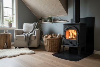 brændekuv ved siden af en brændeovn