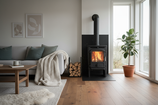 en brændeovn set i en stue, som giver en rolig stemning